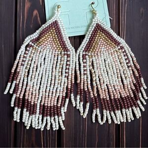Western Earrings Cream White Pastel Pink Gold Mauve Beaded Fringe Cowgirl